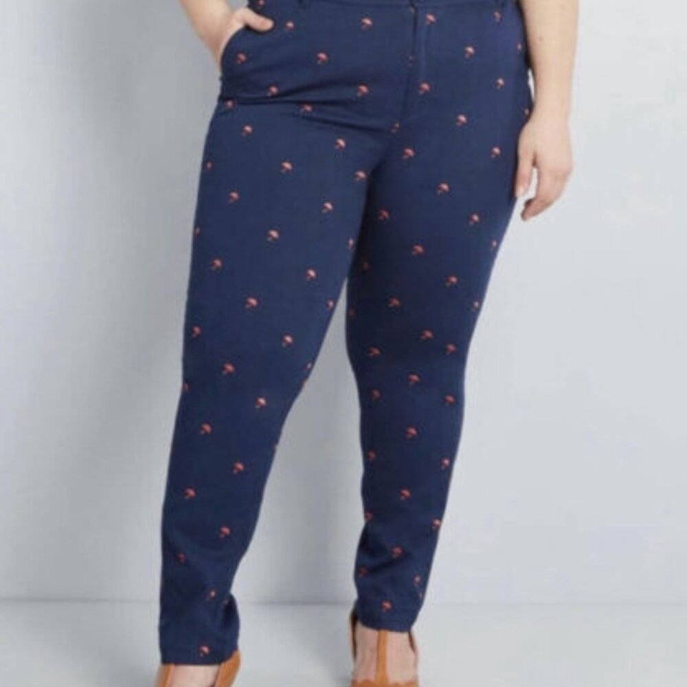 ModCloth Navy Embroidered Umbrella Print Chino Pants, sz 18